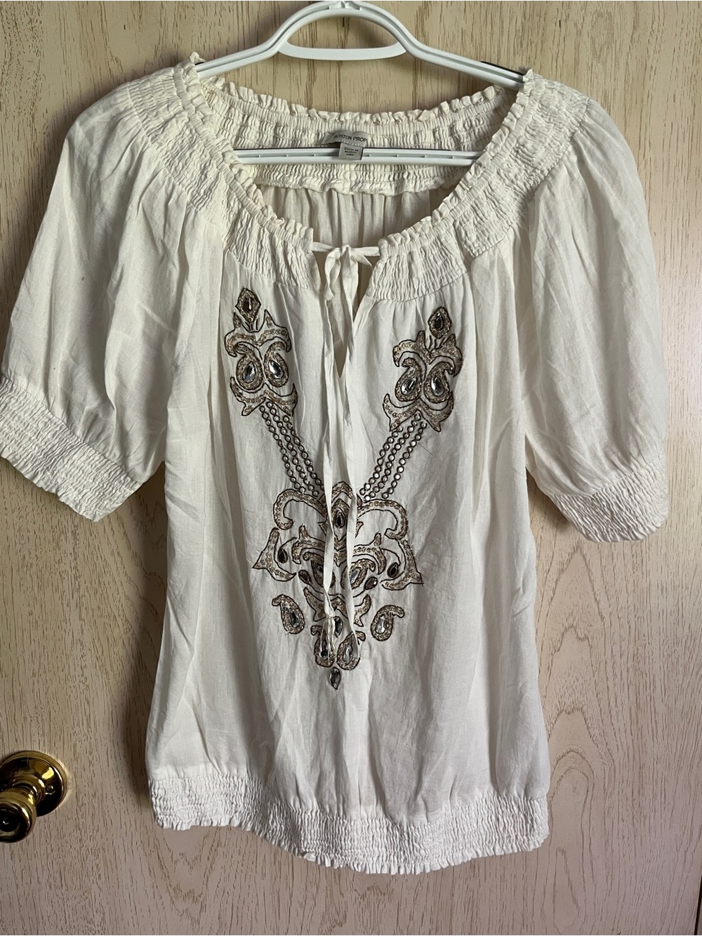 Boston Proper Tunic Peasant Top Sheer Off White Beaded Gold Embroidered Medium